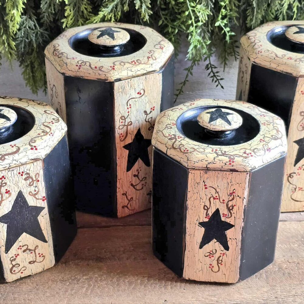 Primitive Painted Star Berry Wooden Plastic Flour Sugar Coffee Tea Canister Set